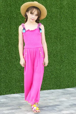 Girls Fuchsia Smocked Tops Embroidered Jumpsuit